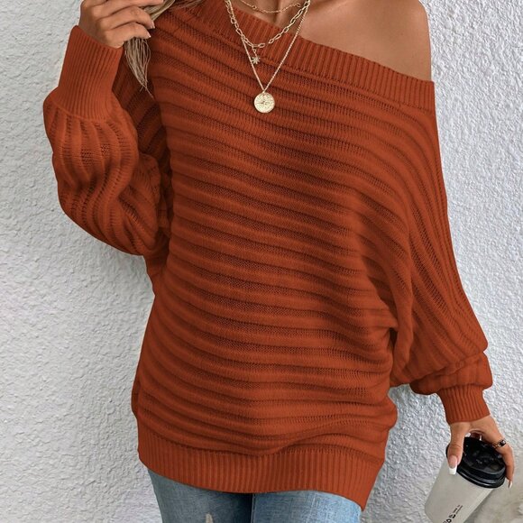 Rust Brown Casual Women's Boat Neck Batwing Sleeve Sweater - Picture 5 of 7